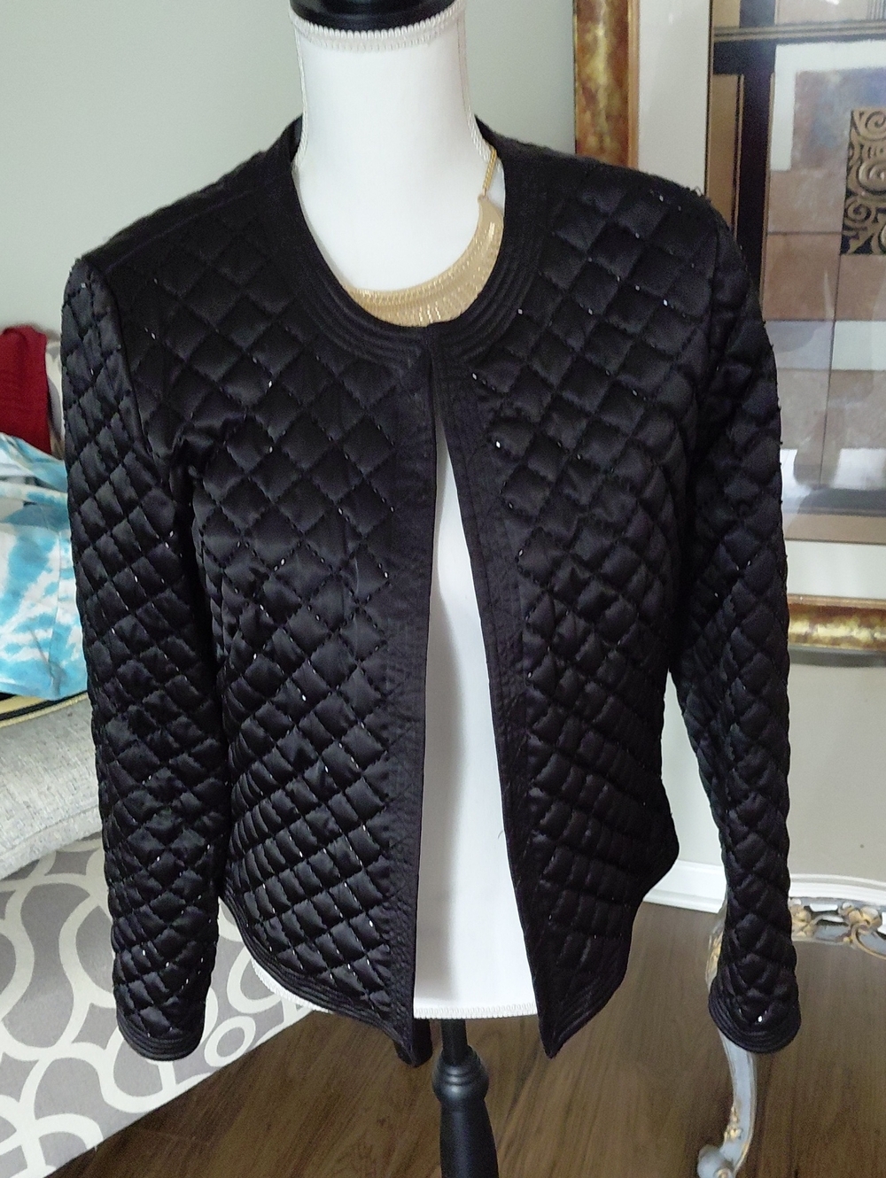Sandra Darren Black Quilted Open-Front Bomber Jacket